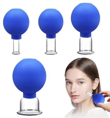 Scettar Set of 4 Facial Cupping Glasses with Blue Silicone Suction Ball, Face Vacuum Massage Cupping Detoxification, Stimulation Lymphatic Flow, Firm Skin, Anti Cellulite, Wrinkle Reduction