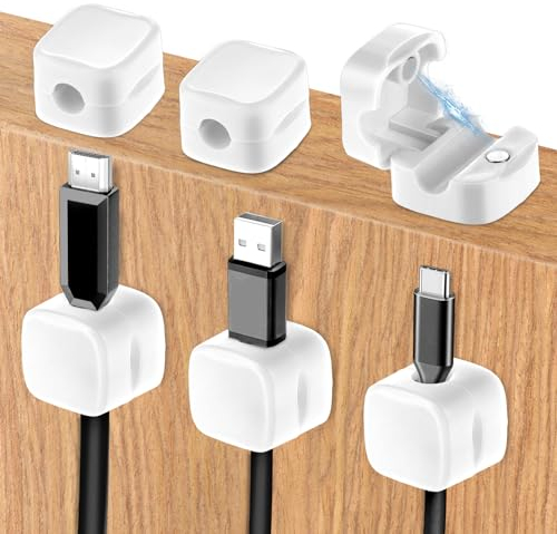 cobee Lot de 6 organiseurs de cordons magnétiques, gestion des câbles sous le bureau, support de fil adhésif, cache le câble de charge du téléphone (blanc)