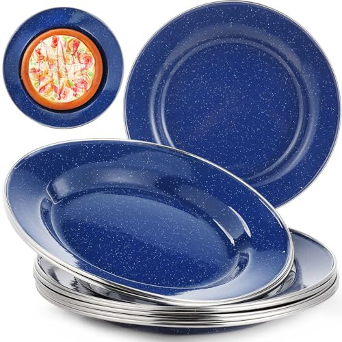 Sawysine 8 Pack Enameled Camping Plates, 10 Inch Metal Dinner Plates, Blue