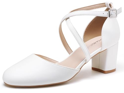 Greatonu Womens Court Shoes Mid Heel Chunky Dress Sandals Ladies Ankle Strap Wedding Party Pumps White Pu Size 6