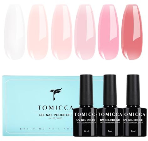 TOMICCA - Set di smalti UV in 6 colori, rosa trasparente, rosa naturale, nude, smalto in gel naturale, da polimerizzare in lampada UV LED, per manicure e nail art fai da te, 8 ml