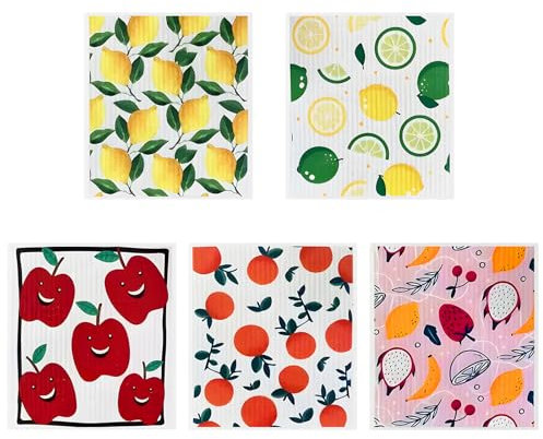 Swedish Dishcloth 5 Packs,Eco-Friendly Sweden Kitchen Dish Cloth,Super Absorbent Cleaning Cloth Reusable Cellulose Sponge Cloths for Washing Up,Fruit