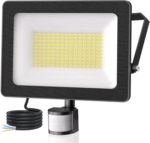 CLY LED-projektor, rörelsedetektor, 100 W, 9 000LM, utomhus-LED-spotlight, IP66 vattentät utomhusprojektor, 6 500K, kall vit utomhusbelysning, med detektor för gård, garage, uteplats, trädgård