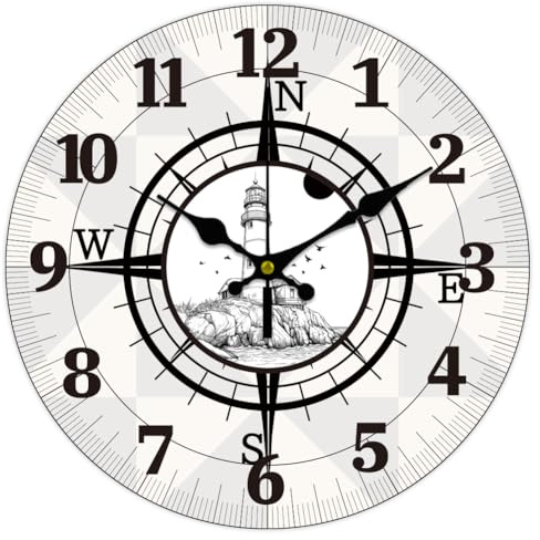 CHGCRAFT 12 Pollici Orologio da Parete con Faro sul Mare Modello di Bussola a Batteria Orologio Decorativo Rotondo Silenzioso e Non Ticchettante per l'ufficio, la Casa e la Cucina