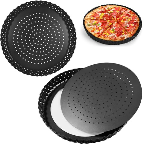 AZKEEGREY 2 Pack Perforated Quiche Tins with Loose Base 28 cm, Non-Stick Perforated Flan Tin with Loose Base, Round Quiche Dishes with Holes for Baking