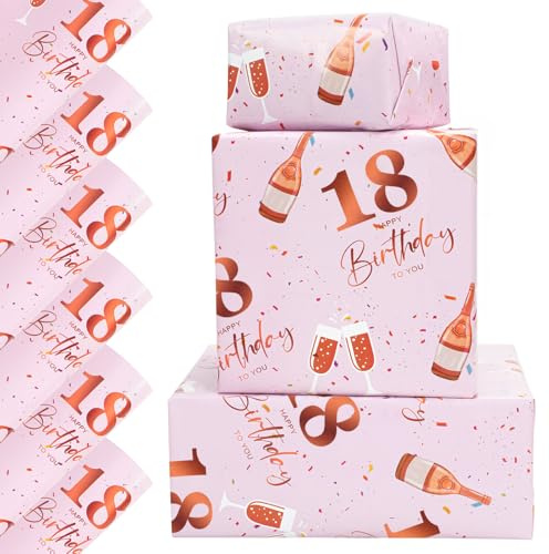 Vinuwu 6 Sheets 18th Birthday Wrapping Paper, 70x50cm Rose Gold Pink Happy Birthday Gift Wrap Paper for Girls Ladies,Decorations - Plastic Free & Recyclable - 18th