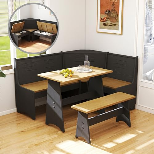 Delta Chairs Breakfast Nook Set 3-4 Seat L-Shaped with Hidden Storage - Space Saving Corner Kitchen Dining Table & Bench Set - Farmhouse Family Home Wood Black