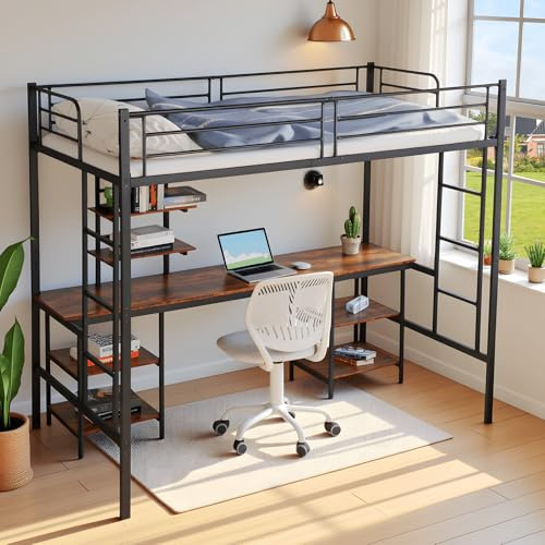 DORAFAIR Lit Mezzanine 90x200 cm en Métal avec Bureau, 3 Étagères et 2 Echelles, Lit superposé pour Enfants et Adultes avec Lattes en Métal et Garde-Corps, Style Industriel, Noir