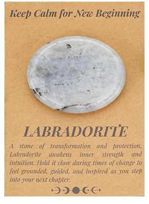 QianCannaor Pierre Anti-Stress en Labradorite Ovale – Cristal pour l’Anxiété, le Stress & les Nouveaux Départs – Pierre de Poche avec Carte d’Affirmation