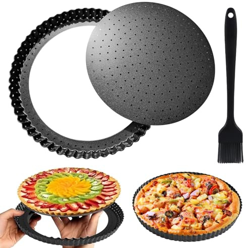 Callysonic Perforerad Quicheform 28 cm med borstar, kolstål tarteform med lyft, tartelettformar, non-stick flanell för bakning, quisch, räfflad rund kakform (svart)
