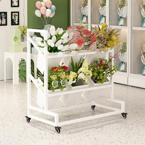 Generico Espositore per Fiori con secchi di plastica,Espositore per Piante a Scala a 3 Livelli,Espositore per Fiori in Metallo,Carrello per Fiori Mobile con Ruote, scaffale per Bouquet da fiorista