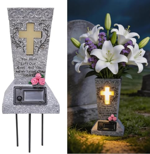 Solar Cemetery Vase for Grave, Resin Outdoor Decor Waterproof Memorial Flower Holder with Cross LED Light, Sympathy Gifts for Deceased Loved Ones, Funeral Outside Fresh or Artificial Flowers