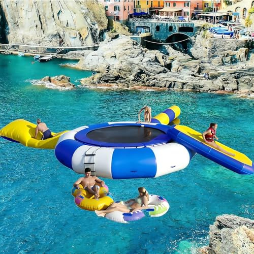 10/13/16FT Inflatable Water Trampoline with Slide and Ladder, Blue-White Floating Bounce Platform for Lake, Pool, Ocean,13Ft