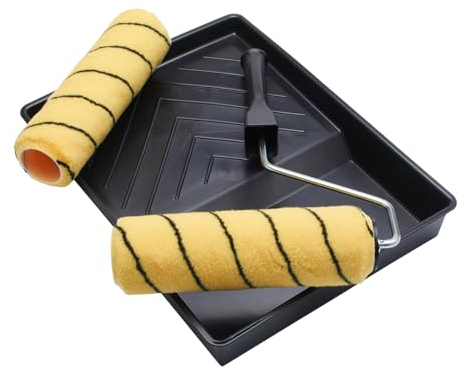 Juego de rodillos de pintura ProDec de 9 para pinturas de emulsión y mampostería - 2x manguitos de pelo medio, marco y bandeja, juegos de rodillos para pintar paredes y techos con emulsión