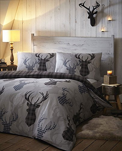 Set per Copripiumino Matrimoniale Reversibile quadrettato, Design Tartan con Cervo, Grigio