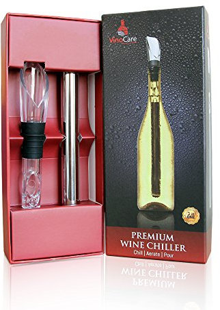 Enfriador de Vino VINOCARE - Función 3-en-1 : Tapón Decantador y Enfriador de Botella con Vertedor Anti-gota incorporado - Mantiene todos los tipos de vino a una temperatura óptima