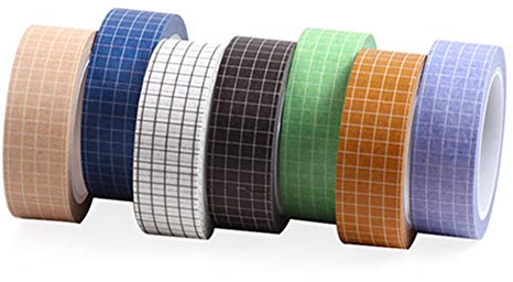 Egurs Washi Tape Kariert Set 7 Rollen Dekorative Selbstklebendes Bunte Klebeband DIY Washi Masking Tape Papier Klebebänder 15mm x 10M/roll
