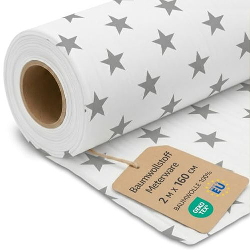 Bomullstyg Metervara Ren Bomull 2 M x 160 cm– Sytyg Dekorationstyg för Patchwork Kläder Kuddar Gardiner Foder Hudvänligt Andningsaktivt Naturligt och Mjukt Grå Stjärnor På Vitt