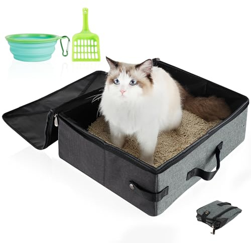 HiCaptain Caja de arena portátil de viaje para gatos, 49 cm de largo x 39,1 cm de ancho x 15 cm de alto, caja de arena plegable con tapa y asa para viajes por carretera, hotel, camping, avión, coche