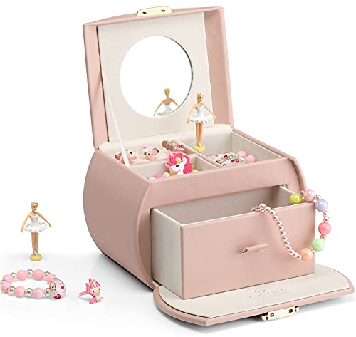 Vlando Girls Jewellery Box with Drawer, Music Box with Ballerina and Stickers for Bedroom Decor, Gifts for Girls Kids, Pink