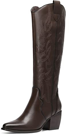 DREAM PAIRS Bottes Femme Elégantes avec Talon Haut Botte de Cow-Boy Western avec Eclair Latérale Cuissarde Confortable,Size 39,Marron/PU,SDKB224W