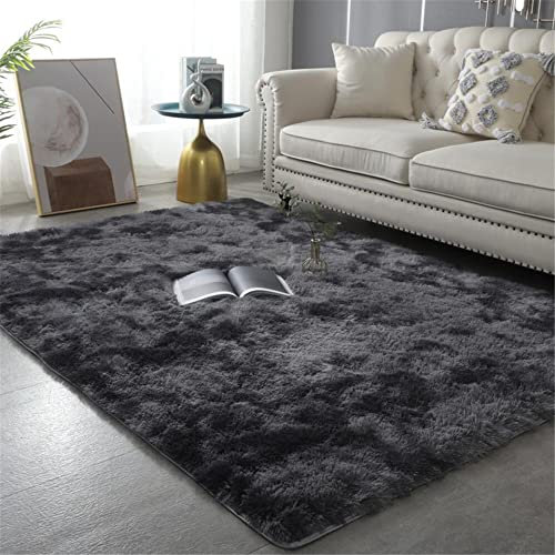 Hiseng Teppich Wohnzimmerteppich Mode Langflor Weich Flauschig Teppiche Anti-Rutsch-Shaggy-Bereich für Wohnzimmer flauschig Shaggy Schlafzimmer Bettvorleger (160x200cm,dunkelgrau)