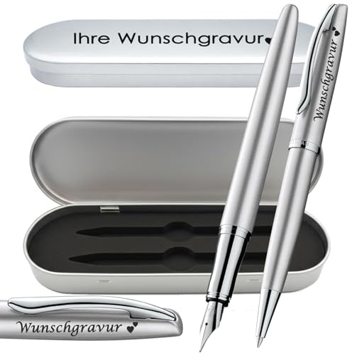 Pelikan Füller & Kugelschreiber Jazz® Noble Elegance im Set mit Wunschgravur | inkl. Geschenkeuti | Emoji Gravur | Silber Schreibset mit Gravur PS199