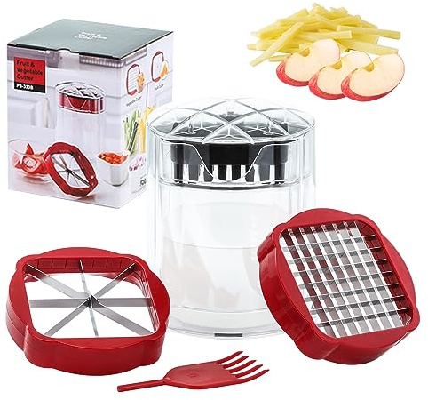 Grönsaks- och fruktskärare, 3-i-1 grönsaksskärare, hackare med 2 utbytbara blad, för att skära frukt, grönsaker, potatispinnar, morotskuber, äpplen, apelsiner etc