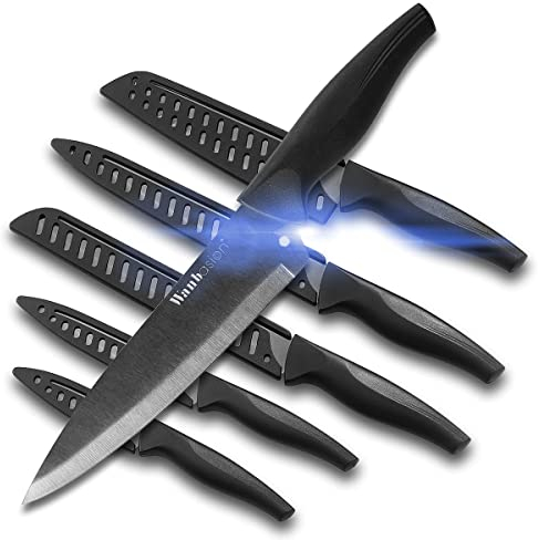 Wanbasion 6Pcs Black Titanium Kitchen Knife Set Dishwasher Safe, Sharp Knife Set Stainless Steel, Professional Kitchen Knives Set for Chefs with Protection Covers