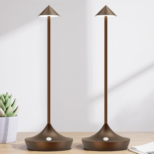 Hapfish LED Akku Tischlampe Kabellos 2er Set, Modern Aluminium Dimmbar Kabellose Tischleuchte 6000mAh, Wasserdicht, Tischlampen Aufladbar für Indoor Outdoor Nachttisch Terrasse Restaurant (Braun)