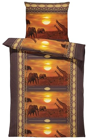 one-home 4 teilig Bettwäsche 135x200 cm Afrika Safari Elefanten Giraffen braun Microfaser