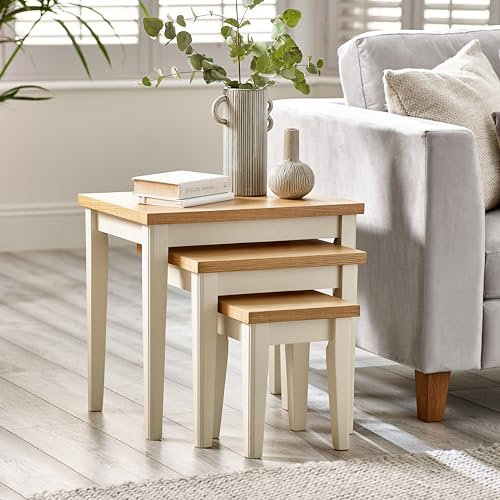 Furniturebox UK Set of 3 Wooden Nesting Tables - Eden Solid Wood Nested Tables - Pale Oak Veneer Tops Cream Legs - Modern Farmhouse Traditional Living Room Furniture - Solid Rubberwood