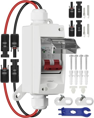 CNLONQ Solar Isolator Switch 32A 500V DC Miniature Circuit Breaker 2P with PV Connector and IP65 Waterproof Breaker Box and Wall Hooks for Outdoor PV or AC Stystem