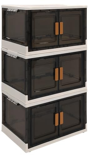 VERTICAL BOX 86L Plastic Storage Cabinet with Wheels, Stackable and Collapsible Storage Boxes with Individual Lids, Toy Storage Container with Doors, Wardrobe, Home Office Organiser (Pack of 3)