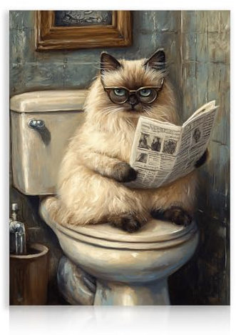 Dazzlewall Stampa artistica da parete con divertente gatto sul WC, decorazione vintage per il bagno, 30,5 x 40,6 cm, senza cornice, regalo divertente per amanti dei gatti