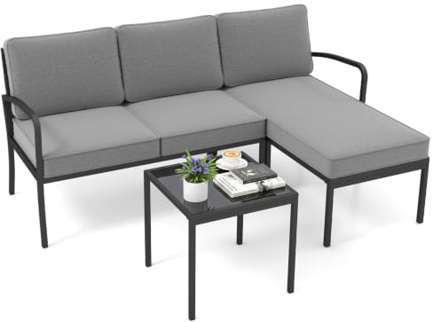 COSTWAY Trädgårdsslounge 3 delar, trädgårdsmöbelset, utomhus lounge med bord och kuddar, trädgårdsmöbler, sittgrupp för trädgård, terrass, balkong