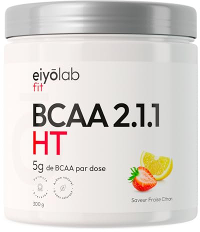 BCAA 2.1.1 HT | Poudre Acides Aminés | Leucine, Isoleucine et Valine | Récupération et Construction Musculaire | Vitamines B6 et B8 | BCAA Brevetés Instantanés | Saveur Fraise Citron | 300g | Eiyolab