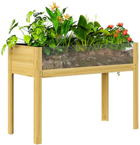 Outsunny Letto per Orto Rialzato 118L in Legno di Abete, Fioriera Rialzata da Esterno con 2 Fori di Drenaggio e Pareti in Acrilico Trasparenti, per Fiori, Piante e Verdure, 110x50x80 cm, Color Legno