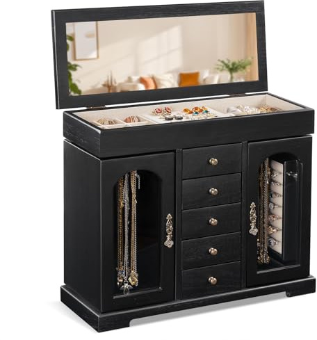 Miratino Jewelry Box for Women Girls, Wooden Jewelry Organizer Box with Mirror, 5 Layer Jewelry Storage Case Display for Necklaces Earrings Rings Bracelets Valentine's Day Gifts