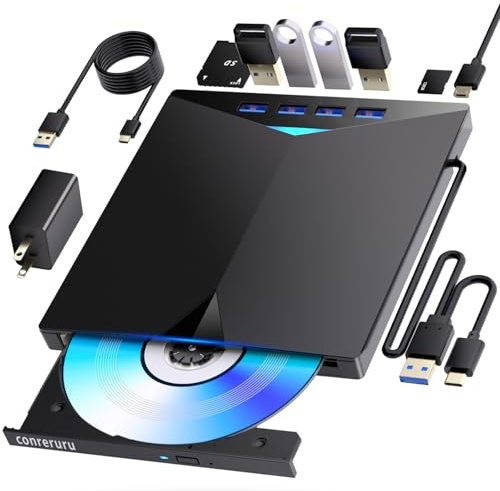 conreruru Support for Blu-ray Drive, Support for Blu-ray DVD/CD Player/Read/Write, USB 3.0 &/Type-C, Support for Blu-ray Player, Windows 7-11 & Mac, PC-Compatible, M-DISC(Black)