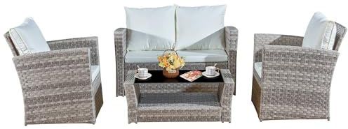 4-Piece Rattan Garden Furniture Set with Glass Coffee Table, Double Loveseat & 2 Chairs with White Back & Seat Cushions, Outdoor Furniture- Modern PE Wicker Design for Conservatory, Balcony & Poolside