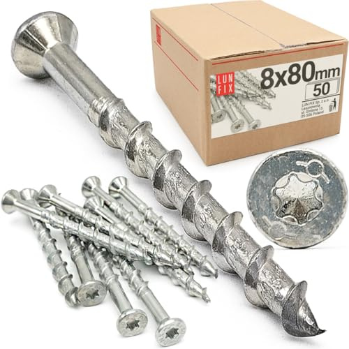 Set di 50 viti per calcestruzzo aerato 8 x 80 mm in acciaio zincato con testa svasata e azionamento TX per Ytong, cemento, gesso, cemento a gas, interni ed esterni