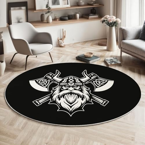 MIATCENRT Round Area Rug 120cm, Soft Fluffy Circle Carpet Axe Portrait Rug, Non Slip Machine Washable Emblem Style Print Floor Carpets Area Rugs for Living Room Bedroom, Jet Black