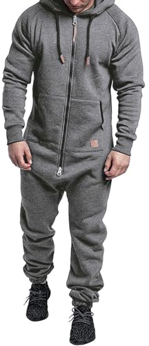 Caziffer Men's Hooded Fleece Lining Jumpsuit Warm Winter Plush Onesie Pyjamas Long Sleeve Full Zipper Overalls with Kangaroo Pockets Cozy Fashion Nightwear for Man (Dark Grey, XL)