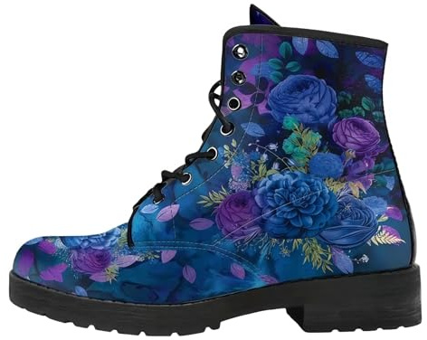Maimeili Botas cortas impresas de las mujeres con encaje de tacón grueso botas de combate de tobillo para niñas zapatos de otoño e invierno rosa cráneo mariposa flores patrón de dibujos animados