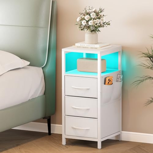 Dripex Nachttisch, schmal, Beistelltisch mit 15 Einstellbarer Farben LED-Beleuchtung, 3 Schubladen, offenes Fach, Nachtschrank für Schlafzimmer, Wohnzimmer, Büro (Weiß)