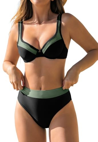 CUPSHE Ensemble Bikini pour Femme Taille Haute avec Armatures et Bretelles Réglables à Larges Sangles à Crochets de Couleur Bloc, noir/vert, XL