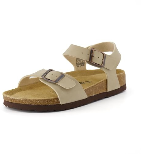 CUSHIONAIRE Lauri Cork Footbed Sandals for Women with Back Strap – Walking Style with Adjustable Buckle Ankle Strap Footbed Slides, STONE 7.5