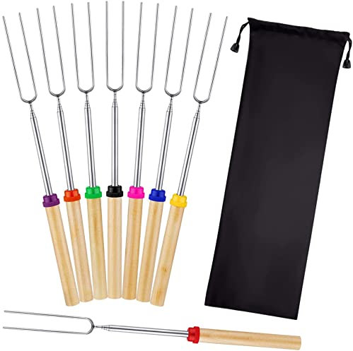 Mluchee 8Pack Marshmallow Roasting Sticks Smores Skewers for Fire Pit 32inch Telescoping Sausage BBQ Hot Dog Forks Portable Carrying Bag for Grill Campfire Thanksgiving