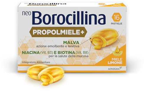 NEO BOROCILLINA Propolmiele+, Integratore Alimentare per il benessere della Gola, 16 Pastiglie, Gusto Limone e Miele